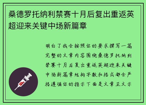 桑德罗托纳利禁赛十月后复出重返英超迎来关键中场新篇章