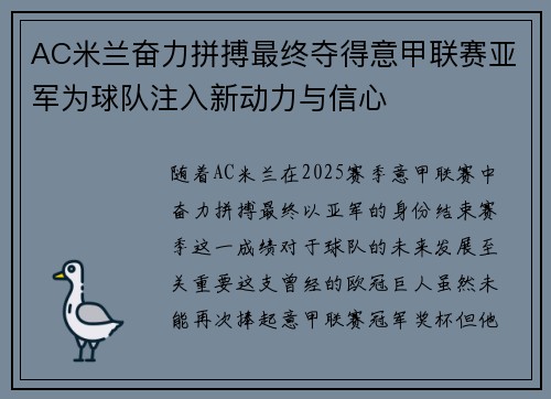 AC米兰奋力拼搏最终夺得意甲联赛亚军为球队注入新动力与信心